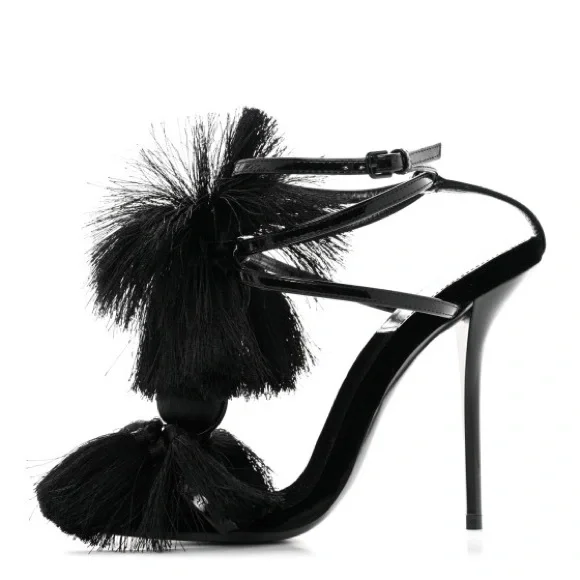 YSL Vernice Chiffon Tassel Embellished Pierre Pon Pon 110 Sandals - Picture 10 of 10